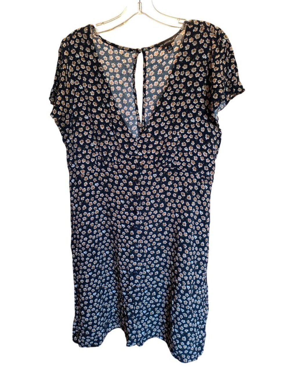 My Michelle XL Blue Gold Floral V-Neck Faux Button Dress With Short Sleeves